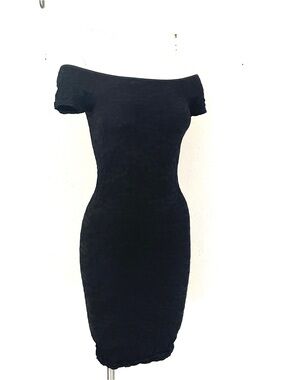 Free People Stretchy Bodycon Textured Black Mini Dress M/L On/Off Shoulder